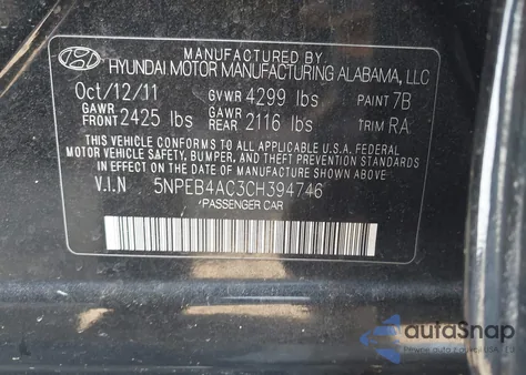 2012 Hyundai Sonata Gls z USA, uszkodzony, nr VIN 5NPEB4AC3CH394746